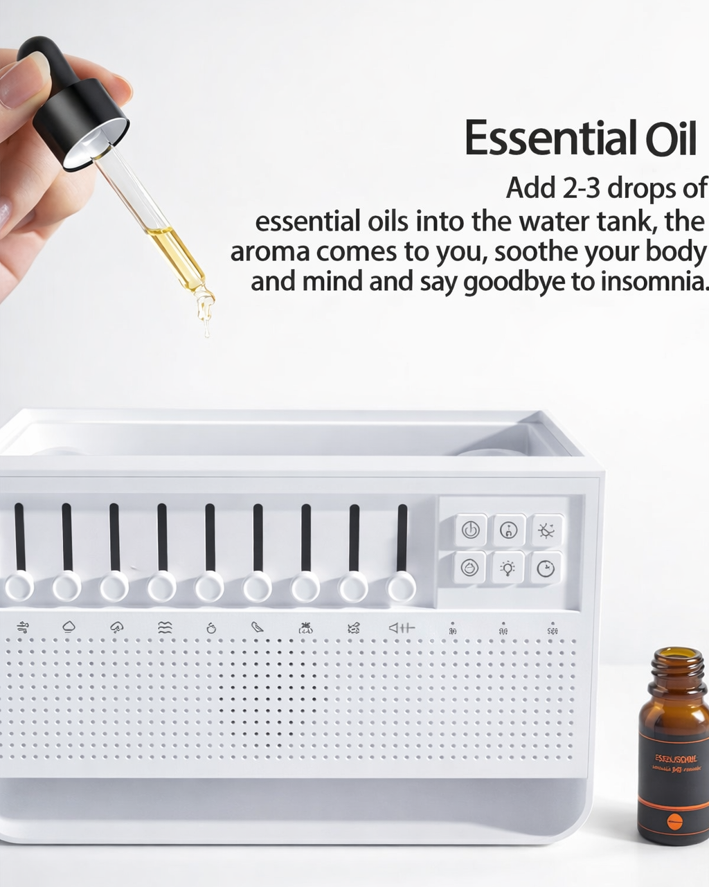 White water diffuser with essential oil dropper and bottle on a light gray background